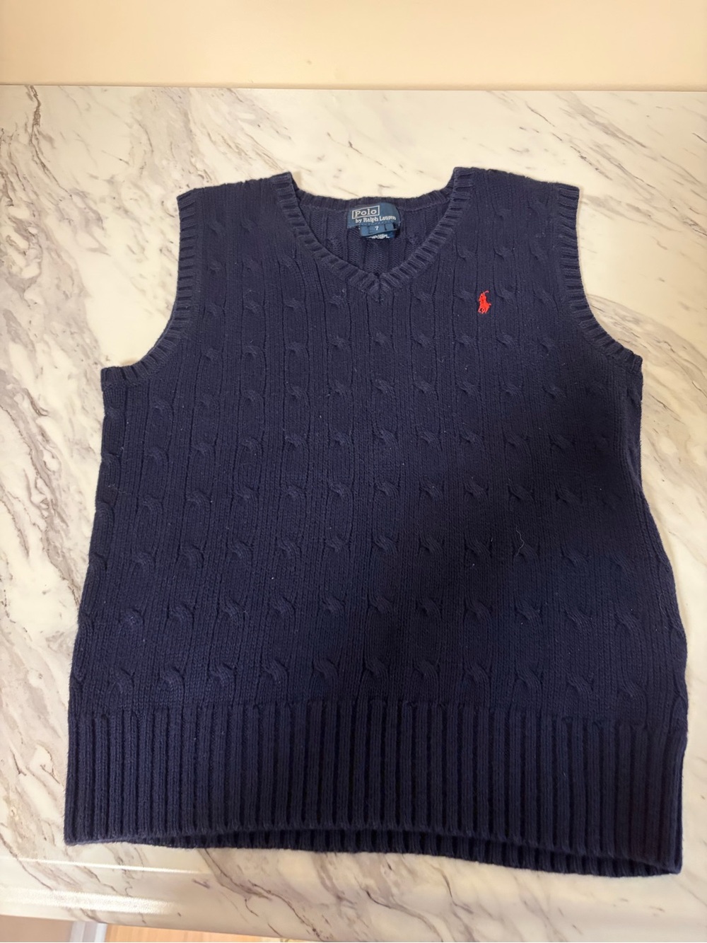 Polo Ralph Lauren Boys Cable Knit V-Neck Sweater Vest Navy Blue Red Pony Size 7